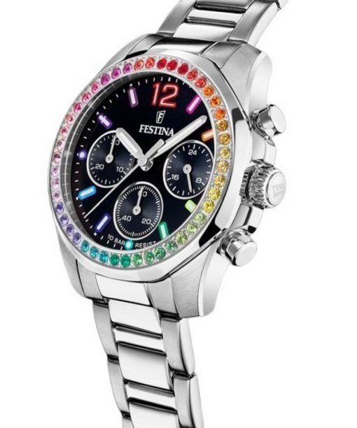 Festina Rainbow Chronograph Crystal Accents 스테인리스 스틸 블랙 다이얼 쿼츠 F20606-3 100M 여성용 시계