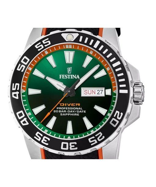 Festina The Originals 고무 스트랩 그린 다이얼 쿼츠 다이버 F20662-2 200M 남성용 시계