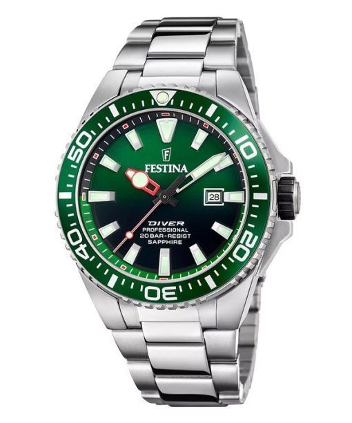 Festina The Originals 스테인리스 스틸 그린 다이얼 쿼츠 다이버 F20663-2 200M 남성용 시계