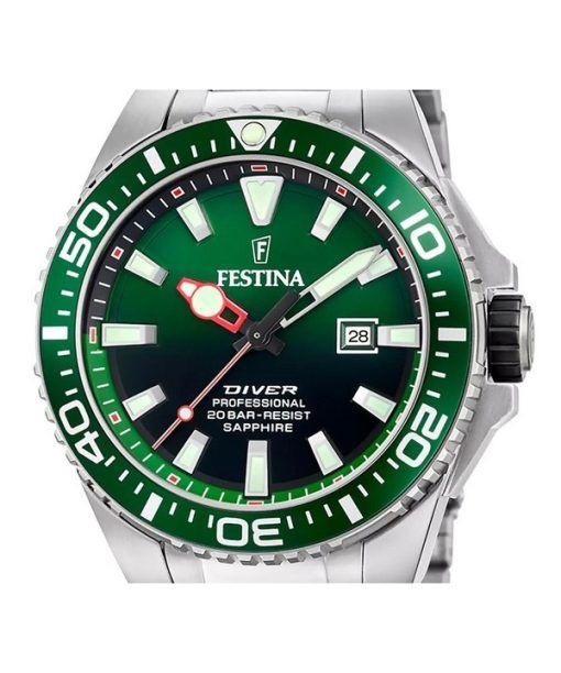 Festina The Originals 스테인리스 스틸 그린 다이얼 쿼츠 다이버 F20663-2 200M 남성용 시계