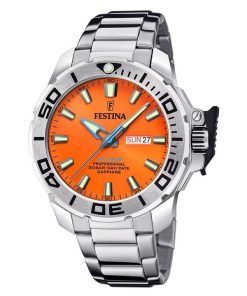 Festina The originals 스테인리스 스틸 오렌지 다이얼 쿼츠 다이버 F20665-5 200M 남성용 시계