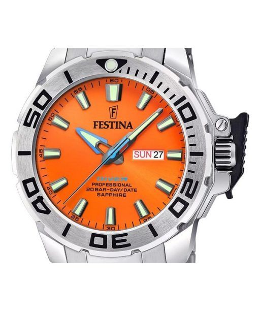 Festina The originals 스테인리스 스틸 오렌지 다이얼 쿼츠 다이버 F20665-5 200M 남성용 시계