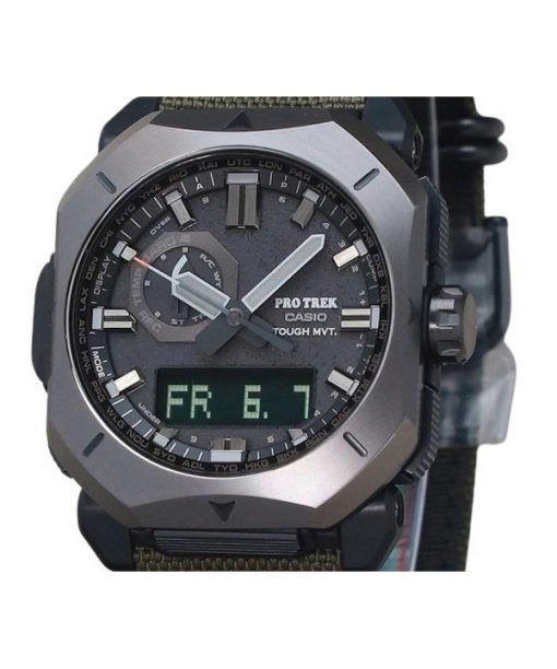 Casio ProTrek 아날로그 디지털 그린 Cordura 천 스트랩 그레이 다이얼 터프 솔라 PRW-6900YB-3 100M 남성용 시계