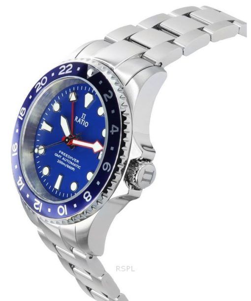 Ratio FreeDiver GMT 시리즈 사파이어 스테인레스 스틸 블루 다이얼 자동 RTF053 200M 남성용 시계