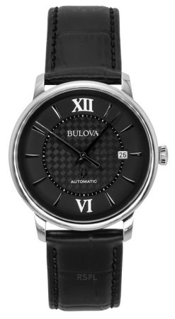 Bulova 아날로그 허드슨 가죽 스트랩 블랙 다이얼 자동 96B441 남성용 시계