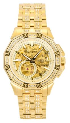 Bulova Octava Crystal Accents 스테인리스 스틸 스켈레톤 골드 다이얼 자동 98A292 남성용 시계