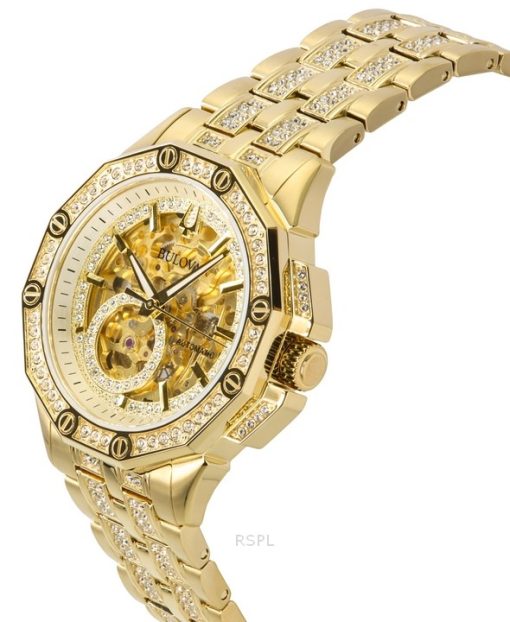 Bulova Octava Crystal Accents 스테인리스 스틸 스켈레톤 골드 다이얼 자동 98A292 남성용 시계