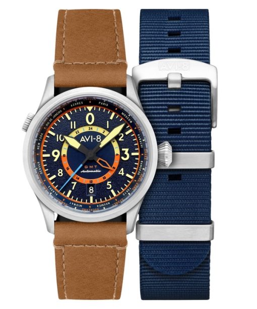 AVI-8 Flyboy Wingman Worldtimer GMT Atlantic Blue 다이얼 자동 AV-4120-01 남성용 시계(추가 스트랩 포함)