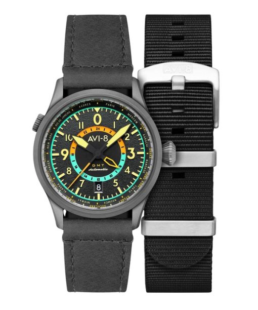 AVI-8 Flyboy Wingman Worldtimer GMT Tropical Grey 다이얼 자동 AV-4120-04 남성용 시계(추가 스트랩 포함)