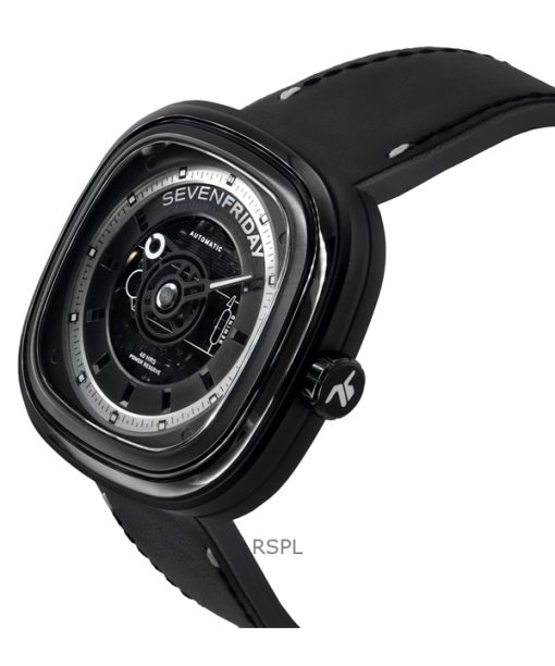 Sevenfriday T-시리즈 NFC 지원 가죽 스트랩 블랙 스켈레톤 다이얼 자동 T1/04 SF-T1-04 남성용 시계