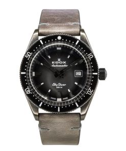 Edox Skydiver 한정판 가죽 스트랩 그레이 다이얼 자동 다이버 80126 3VIN GDN 300M 남성용 시계