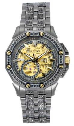 Bulova Octava Crystal Accents 스테인리스 스틸 스켈레톤 골드 다이얼 자동 98A293 남성용 시계