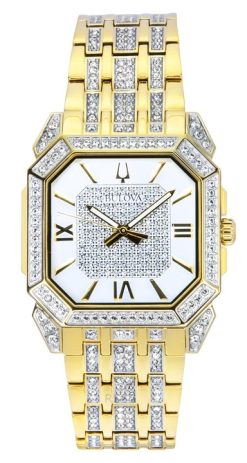 Bulova Octava Crystal Accents 골드 톤 스테인리스 스틸 실버 다이얼 쿼츠 98A295 남성용 시계