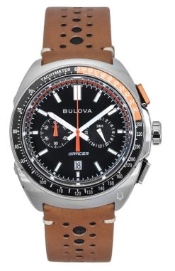 Bulova Racer 크로노그래프 가죽 스트랩 블랙 다이얼 쿼츠 98B427 100M 남성용 시계