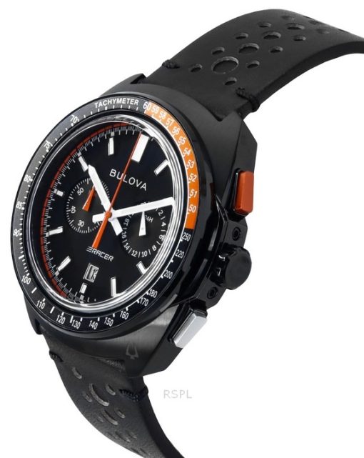 Bulova Racer 크로노그래프 가죽 스트랩 블랙 다이얼 쿼츠 98B428 100M 남성용 시계