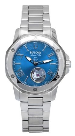 Bulova Marine Star 스테인리스 스틸 오픈 하트 블루 다이얼 자동 98L317 100M 여성용 시계