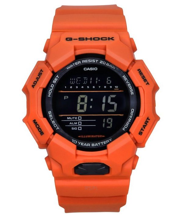 카시오 G-Shock 디지털 바이오 기반 오렌지 수지 스트랩 블랙 다이얼 쿼츠 GD-010-4 200M 남성용 시계