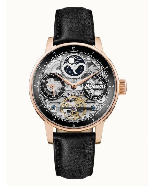 Ingersoll The Jazz Moon Phase 가죽 스트랩 블랙 스켈레톤 다이얼 자동 I07705 남성용 시계