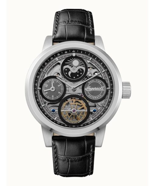 Ingersoll The Arc Moon Phase 가죽 스트랩 블랙 스켈레톤 다이얼 자동 I16001 남성용 시계