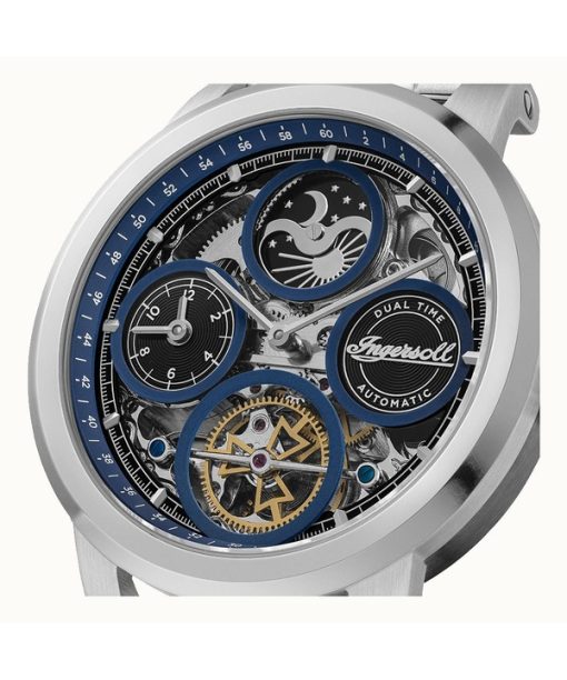 Ingersoll The Arc Moon Phase 스테인리스 스틸 블루 스켈레톤 다이얼 자동 I16003 남성용 시계