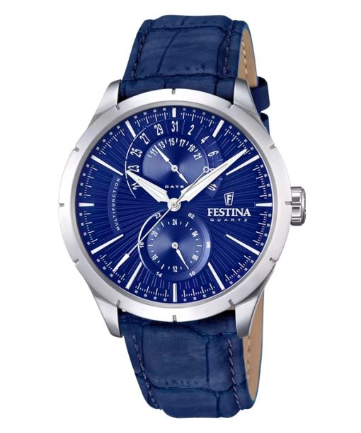 Festina Retro 다기능 가죽 스트랩 블루 다이얼 쿼츠 F16573-7 남성용 시계