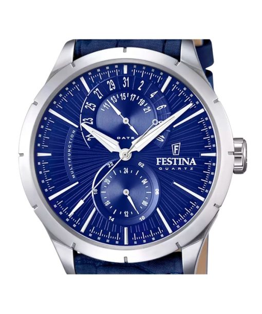 Festina Retro 다기능 가죽 스트랩 블루 다이얼 쿼츠 F16573-7 남성용 시계