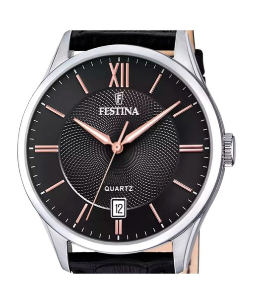 Festina Classics 가죽 스트랩 블랙 다이얼 쿼츠 F20426-6 남성용 시계