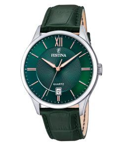 Festina Classics 가죽 스트랩 그린 다이얼 쿼츠 F20426-7 남성용 시계