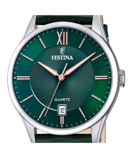 Festina Classics 가죽 스트랩 그린 다이얼 쿼츠 F20426-7 남성용 시계