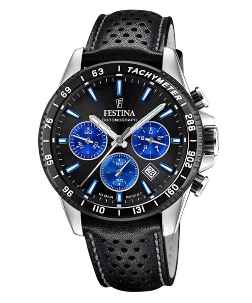 Festina Timeless 크로노그래프 가죽 스트랩 블랙 다이얼 쿼츠 F20561-6 100M 남성용 시계