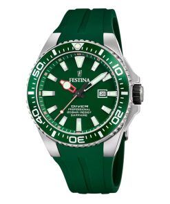 Festina The Originals 고무 스트랩 그린 다이얼 쿼츠 다이버 F20664-2 200M 남성용 시계