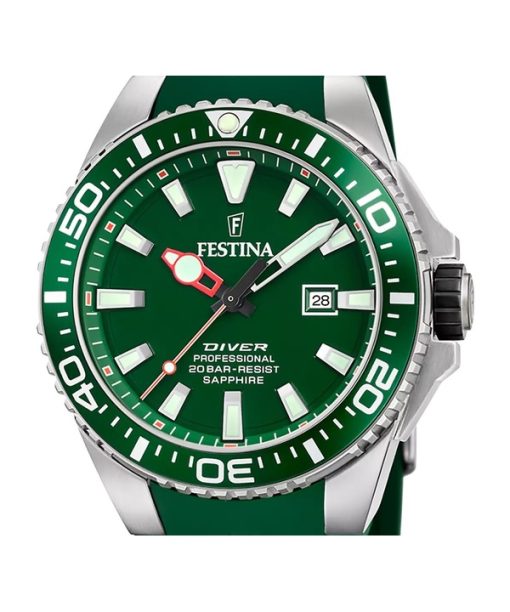 Festina The Originals 고무 스트랩 그린 다이얼 쿼츠 다이버 F20664-2 200M 남성용 시계