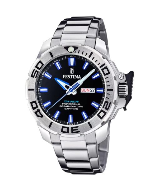 Festina Classics 스테인리스 스틸 블랙 다이얼 쿼츠 다이버 F20665-3 200M 남성용 시계 선물용 스트랩 포함