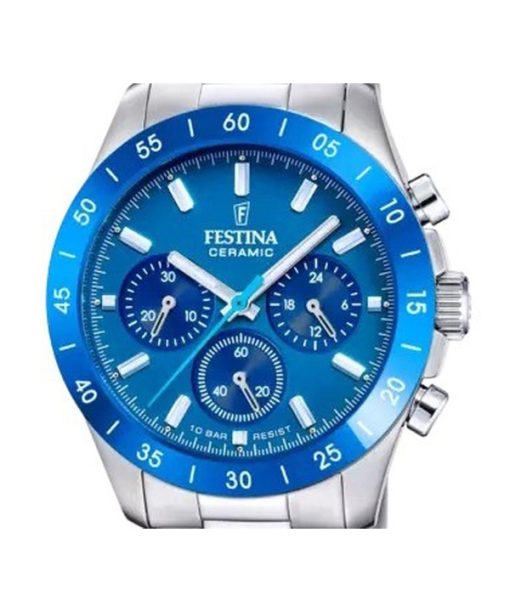 Festina 세라믹 크로노그래프 스테인리스 스틸 블루 다이얼 쿼츠 F20693-4 100M 여성용 시계