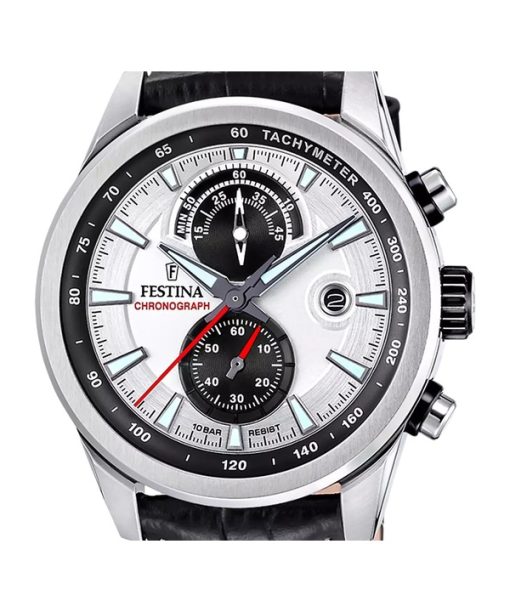 Festina Timeless 크로노그래프 가죽 스트랩 실버 다이얼 쿼츠 F20695-1 100M 남성용 시계