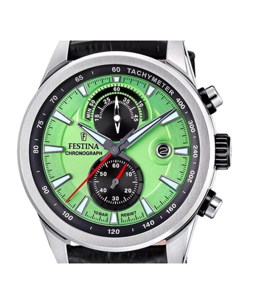 Festina Timeless 크로노그래프 가죽 스트랩 그린 다이얼 쿼츠 F20695-3 100M 남성용 시계